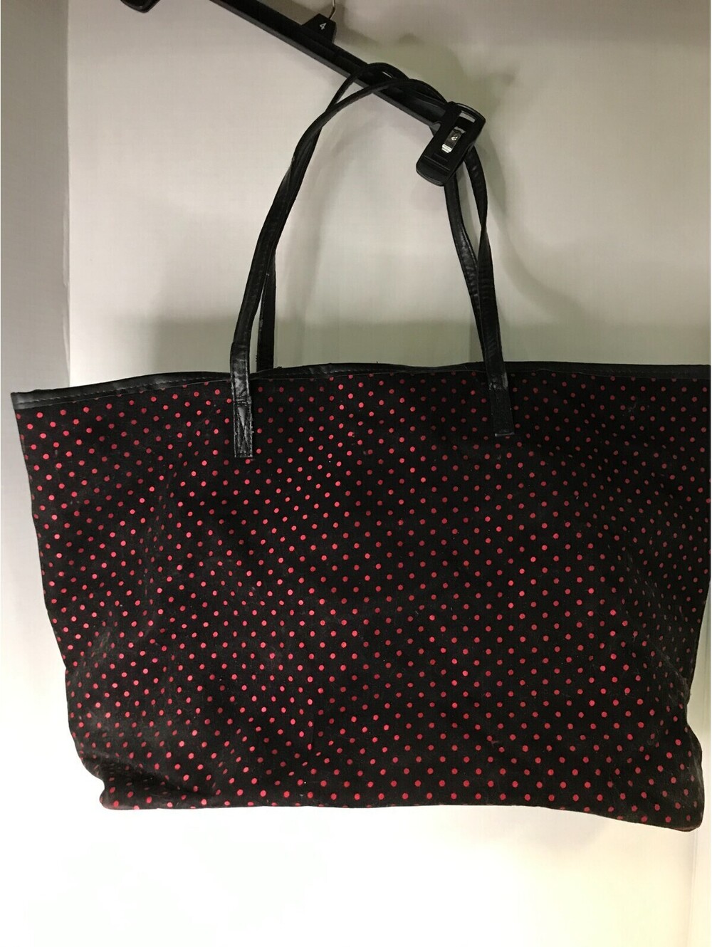 Black Velvety Tote with hot pink polka dots.